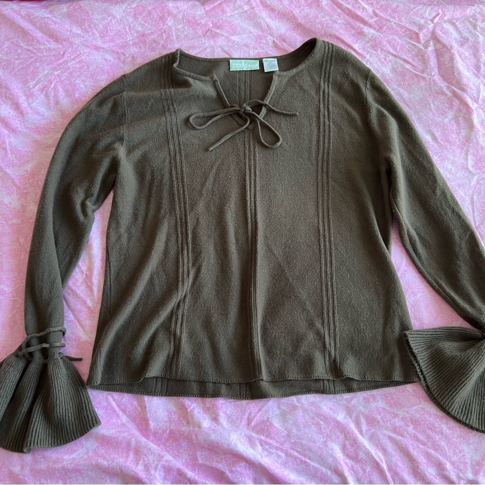 Taupe Knit Sweater with Tie Neck